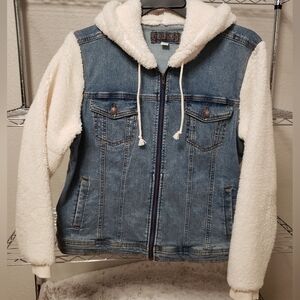 Maurices Blue Denim Jacket with Cream Sherpa Sleeves & Hood, Size XL